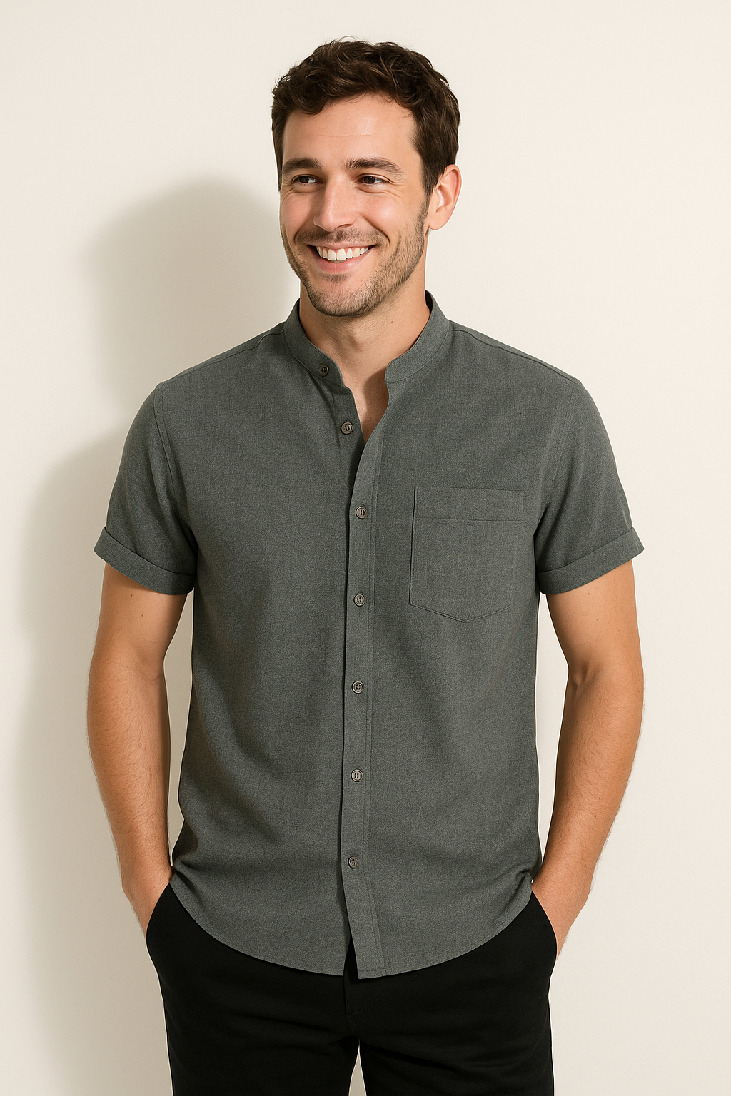 James Kurzarmhemd mit Stehkragen und Brusttasche
