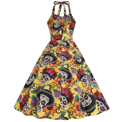 Damen Halloween Kleid | Rockabilly Kleid mit Totenkopf Print und Neckholder