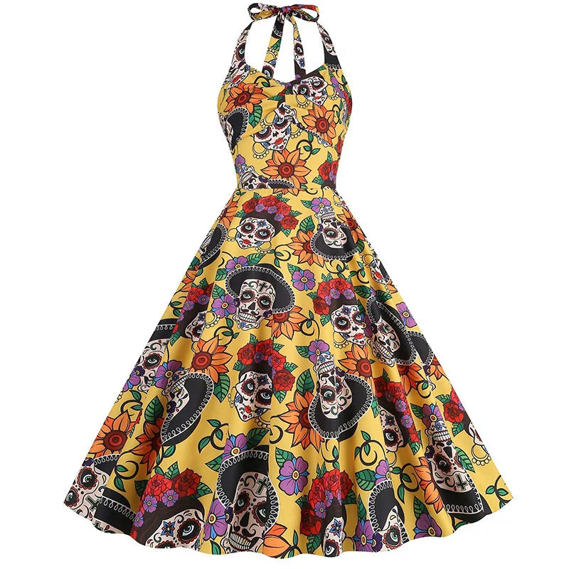 Damen Halloween Kleid | Rockabilly Kleid mit Totenkopf Print und Neckholder