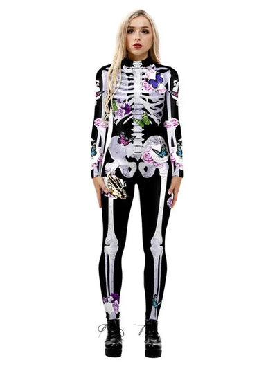 Damen Halloween-Jumpsuit mit Skelett-Print | Langarm & Einteiler