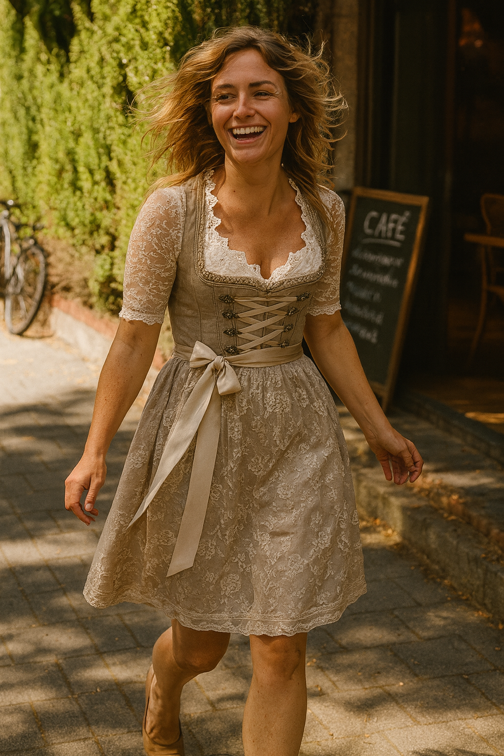 Damen Dirndlkleid Baumwolle mit Schnürmieder und Spitzenbluse, Traditionelles Design, Eleganter Blumendruck