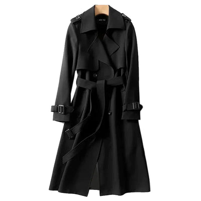 Langer Damen Trenchcoat schwarz – eleganter Mantel mit Gürtel