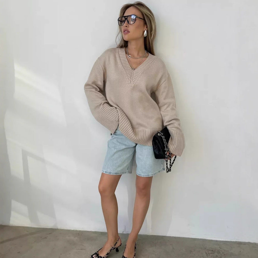 Damen Pullover V-Ausschnitt Baumwolle Lässig