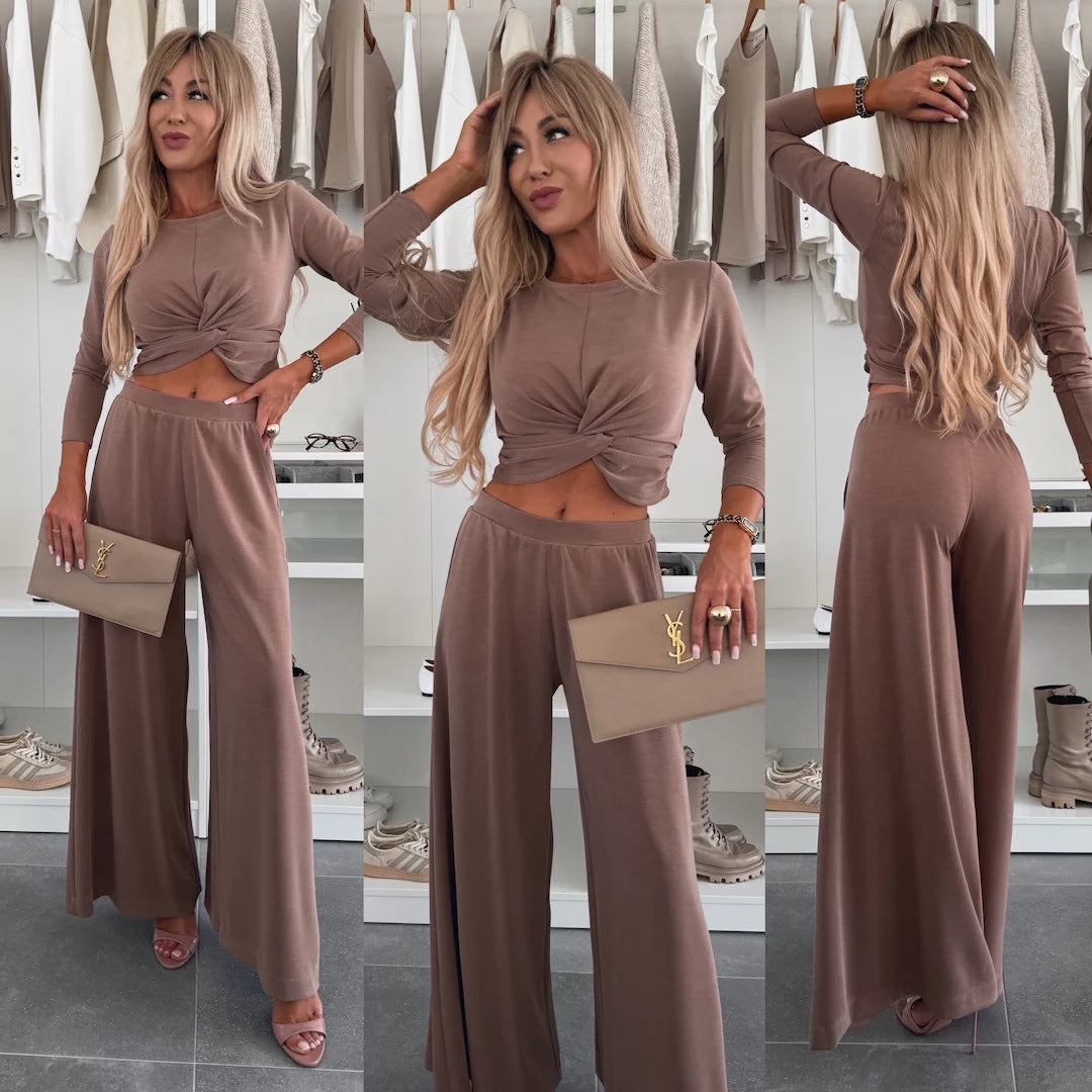 Damen Set Knoten-Oberteil und Weite Hosen aus Atmungsaktivem Material