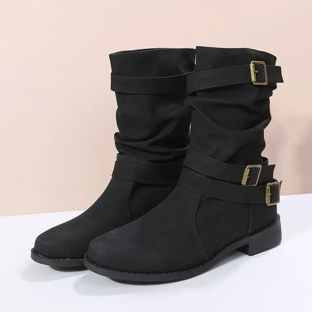 Damen Stiefel Mittlere Wadenhöhe mit Schnallendetails und Niedrigem Absatz