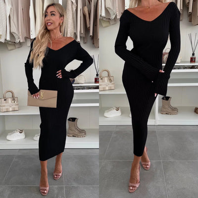 Damen Strickkleid V-Ausschnitt Midi Elegant Langarm