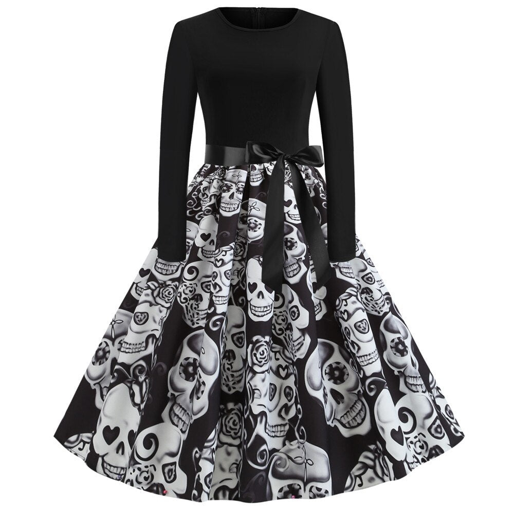 Damen Halloween-Kleid mit Print | Langarm & Ausgestellter Schnitt
