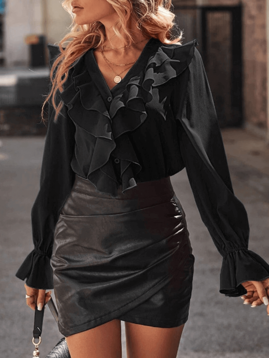 Damenbluse Mit Rüschen V-Ausschnitt Und Ausgestellten Ärmeln