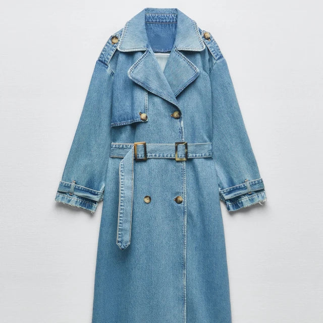 Langer Trenchcoat für Damen mit Gürtel | Blau