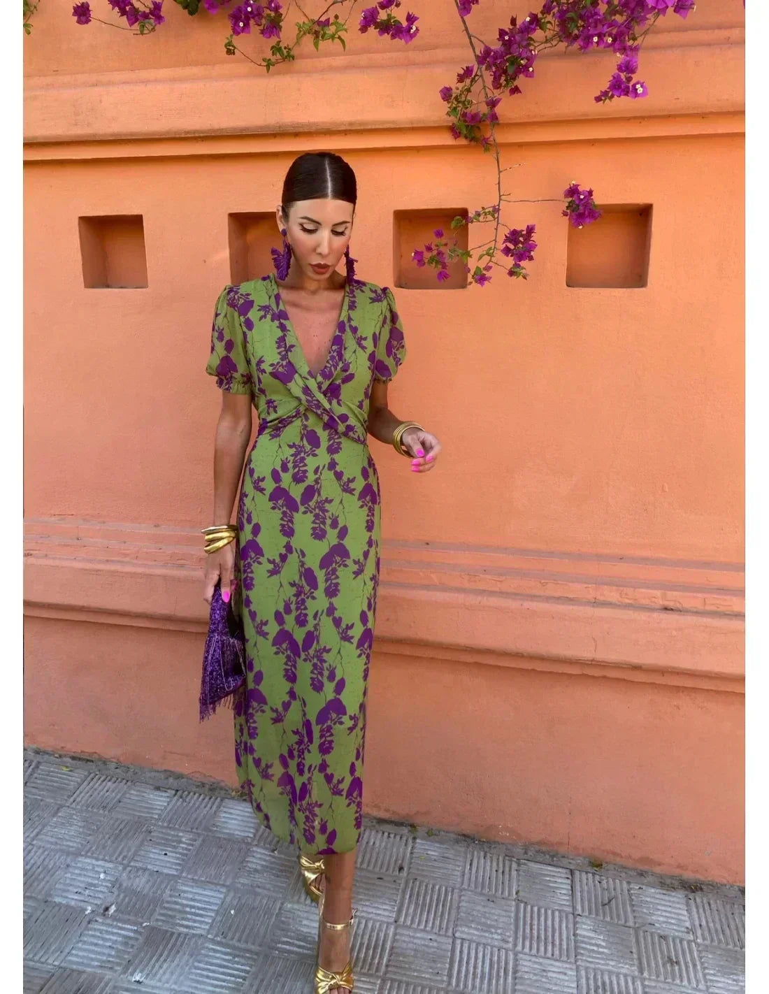 Vela - Damen-Midikleid mit gedrehter Druckmuster