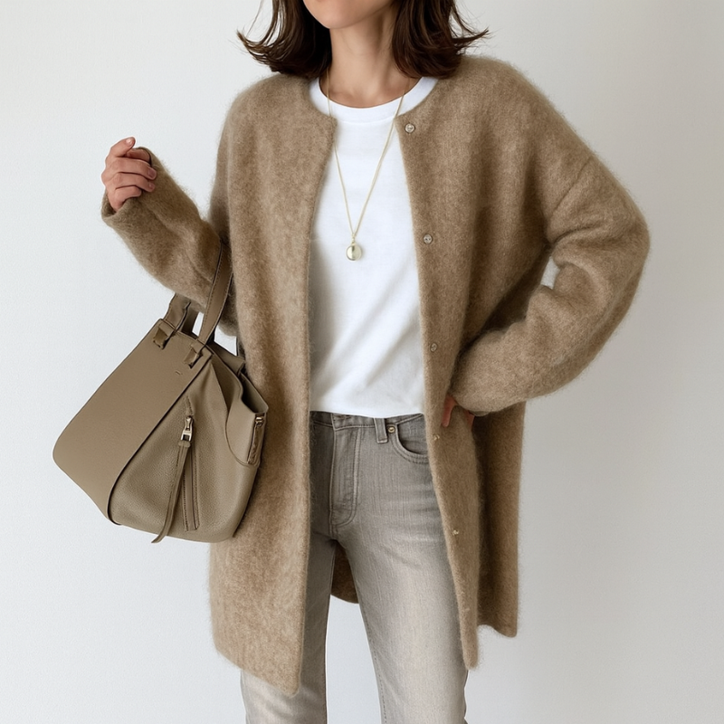 Elegante Damen Strickjacke – mit Taschen und Rundhalsausschnitt aus Acryl, lockere Passform