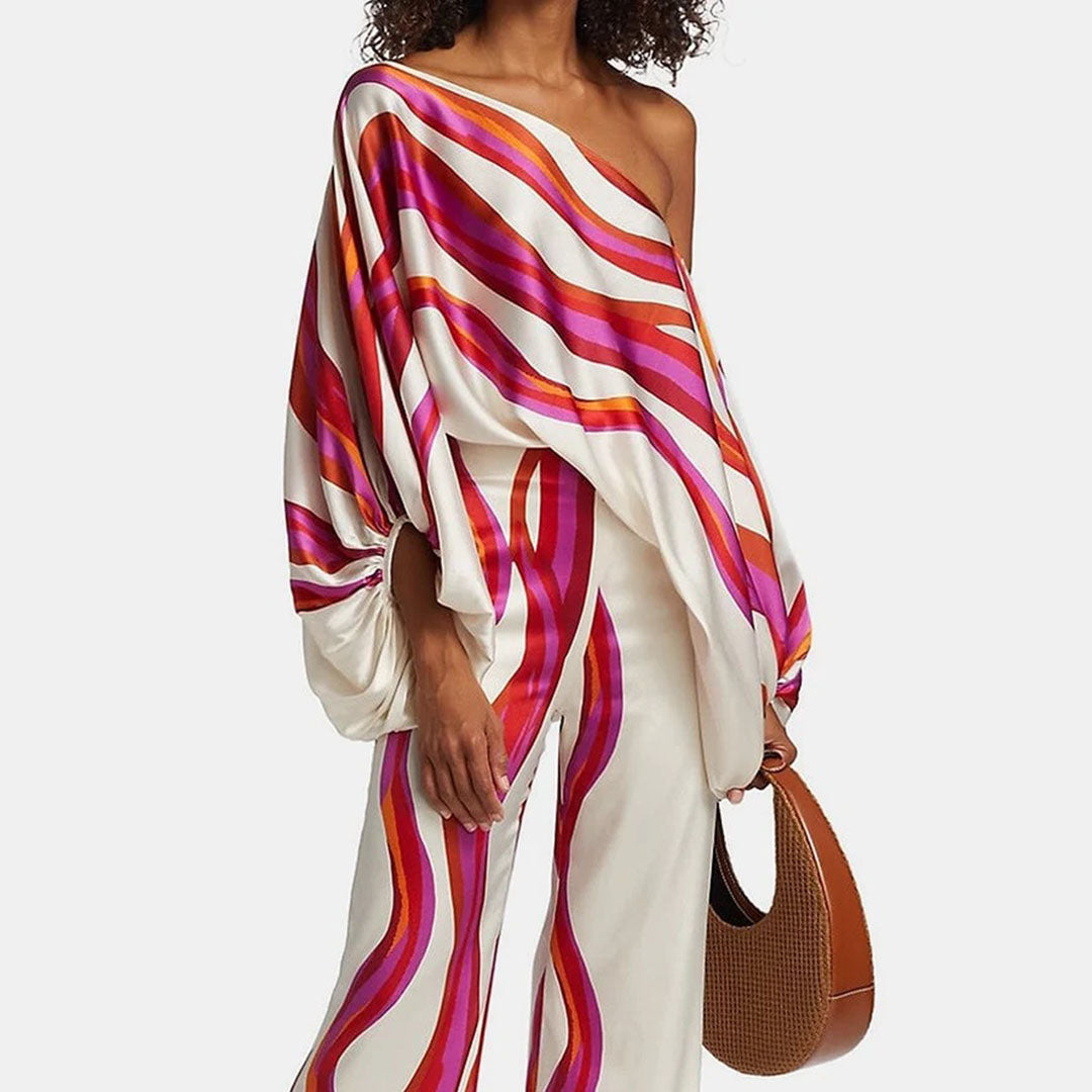 Elegantes Damen Zweiteiliges Satin-Set – Off-Shoulder Top & Weite Hose