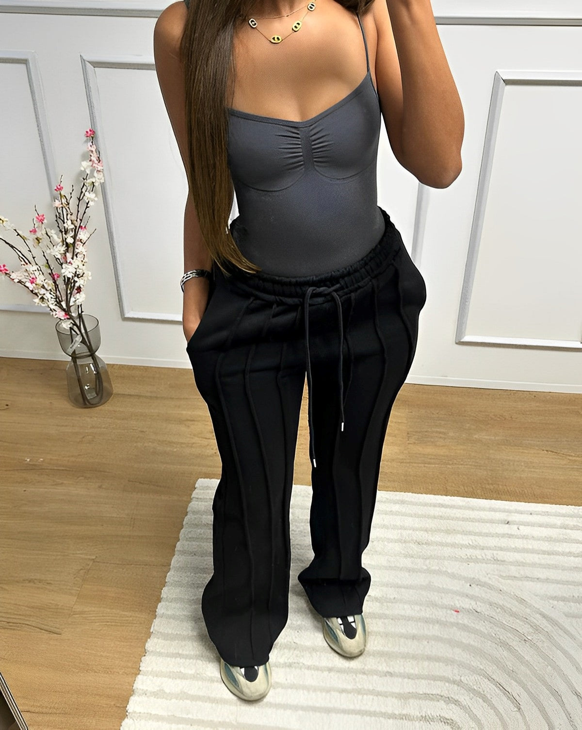 Deluxe - Damen Baumwoll Gestreifte Loose Sweatpants Jogginghose