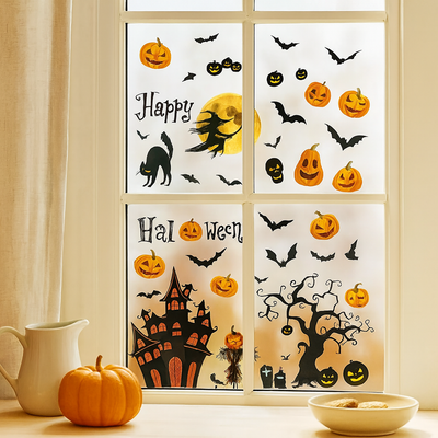 Gloomora | Halloween-Fensteraufkleber-Set mit Fledermäusen und Skeletten