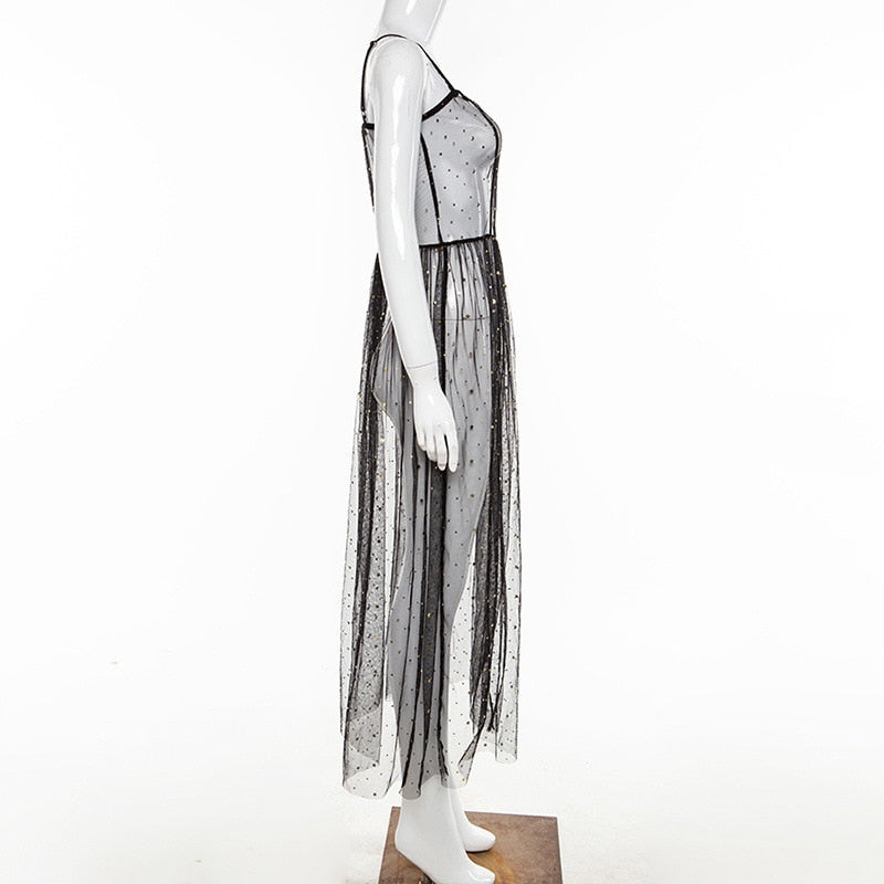 Heidi-Mode | Stern Schwarz Netz Transparent Ärmelloses Maxi Kleid