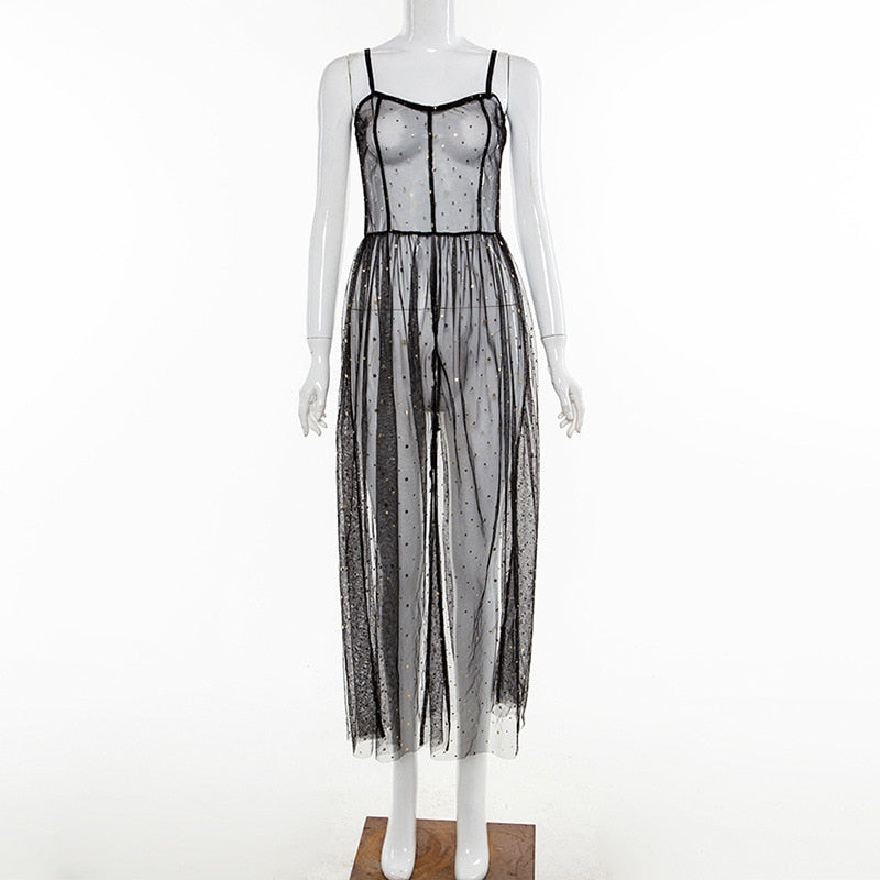 Heidi-Mode | Stern Schwarz Netz Transparent Ärmelloses Maxi Kleid