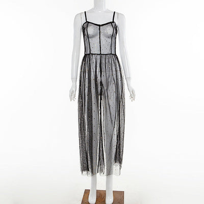 Heidi-Mode | Stern Schwarz Netz Transparent Ärmelloses Maxi Kleid
