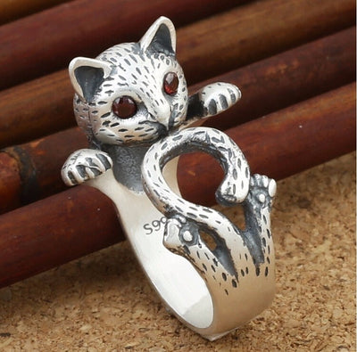 Verstellbarer handgemalter Katzenring aus 925 Sterling Silber