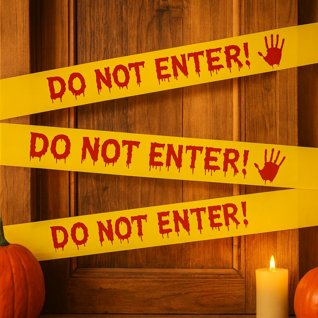 Halloween Warnband mit blutigen Handabdrücken – 25m Kunststoff Dekorolle für Horrorparty und Spukhaus