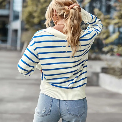 Moderner Look, Gestreifter Pullover mit V-Ausschnitt