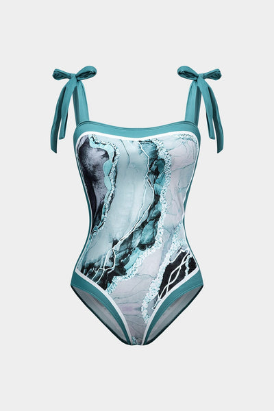 Angela | Zweiteiliges Badeanzug-Set mit abstraktem Print, Schleifen-Trägern und Pareo