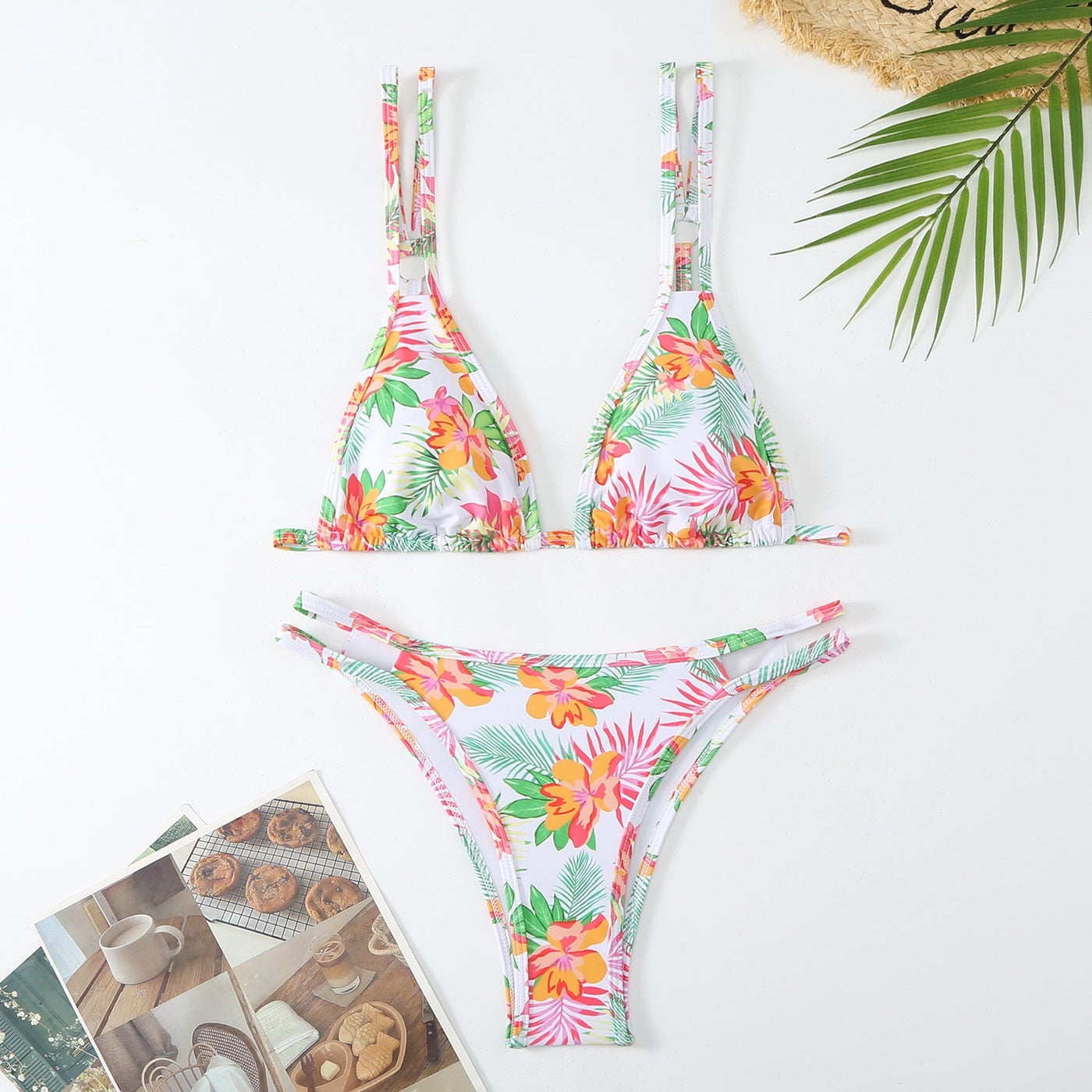 Damen Floral Print Triangle Bikini Set mit verstellbaren Trägern Heidi-Mode