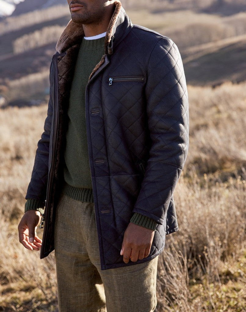 Herren gesteppter Kunstleder-Mantel mit Teddyfell-Kragen Aliams