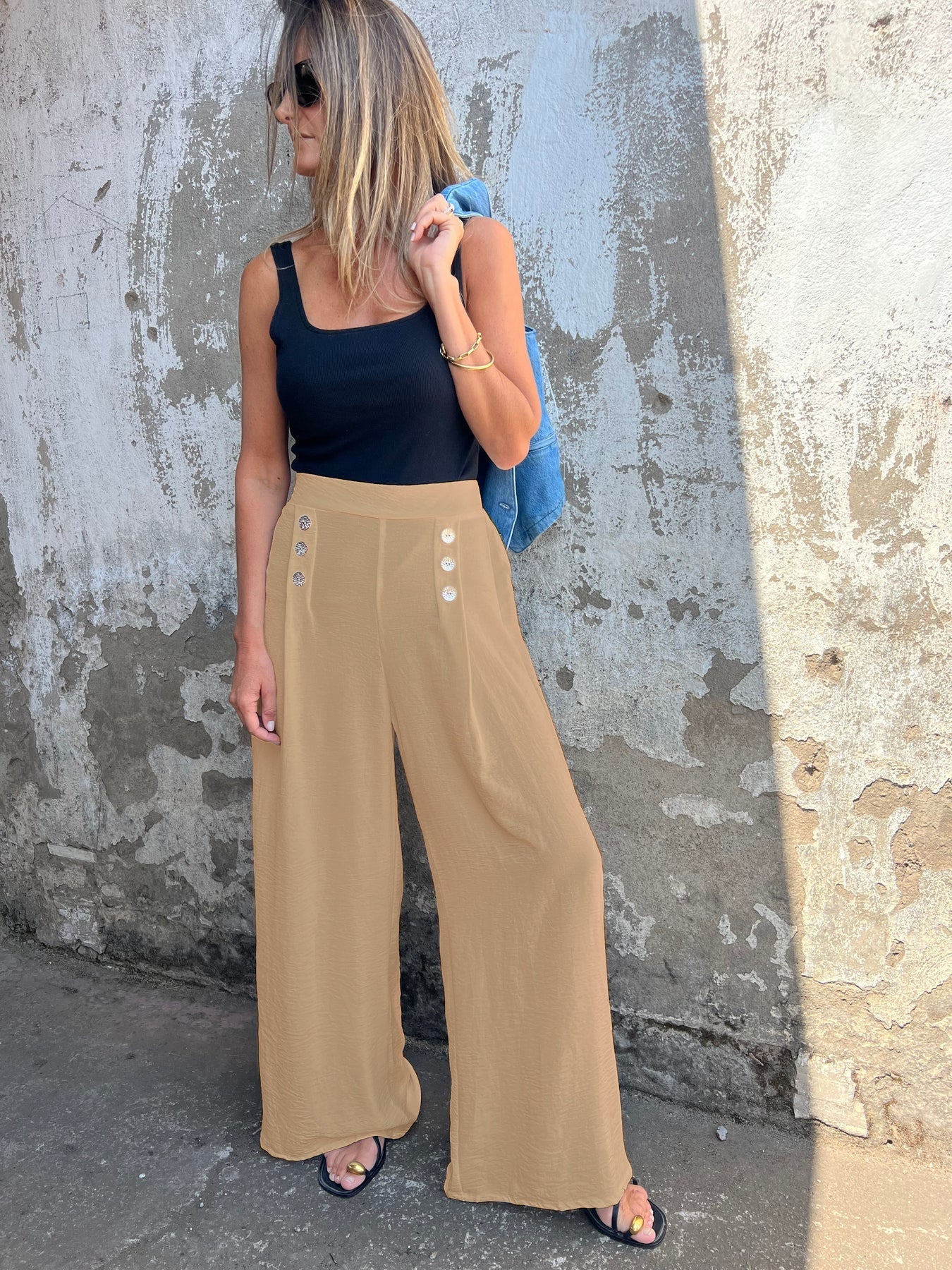 Damen High-Waist Palazzo-Hosen mit modischen Knopfdetails Heidi-Mode