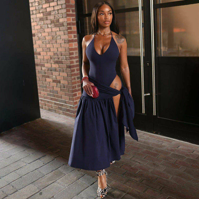 Damen Maxikleid mit tiefem V-Ausschnitt und seitlichem Schlitz Heidi-Mode