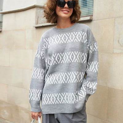 Damen lässiger Strickpullover mit geometrischem Muster Heidi-Mode