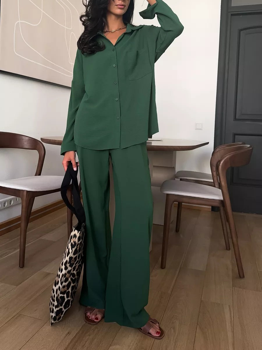 Damen lockerer Leinen-Hosenset mit eleganter Bluse und elastischem Bund Heidi-Mode