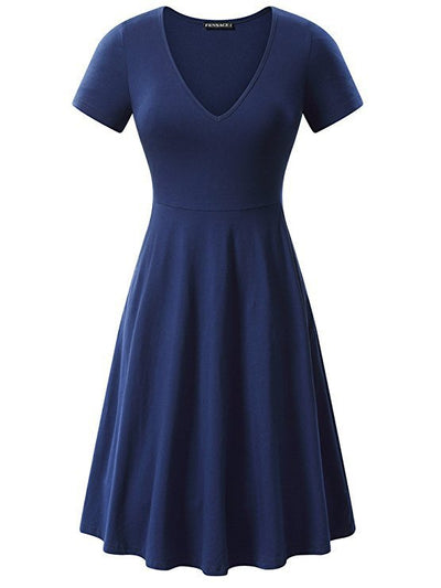 Damen A-Linien Kleid mit tiefem V-Ausschnitt und kurzem Ärmel Heidi-Mode