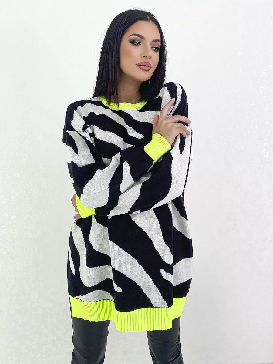 Damen komfortabler Strickpullover mit auffälligem Zebramuster und Kontrastbündchen Heidi-Mode