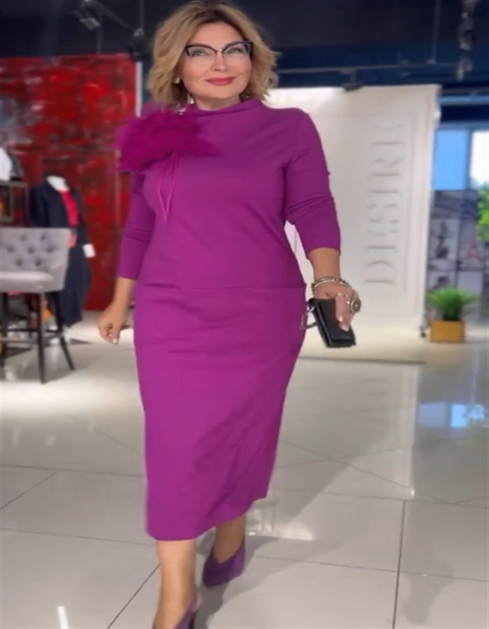 Damen Elegantes Midi-Kleid mit hochgeschlossenem Kragen und langen Ärmeln Heidi-Mode