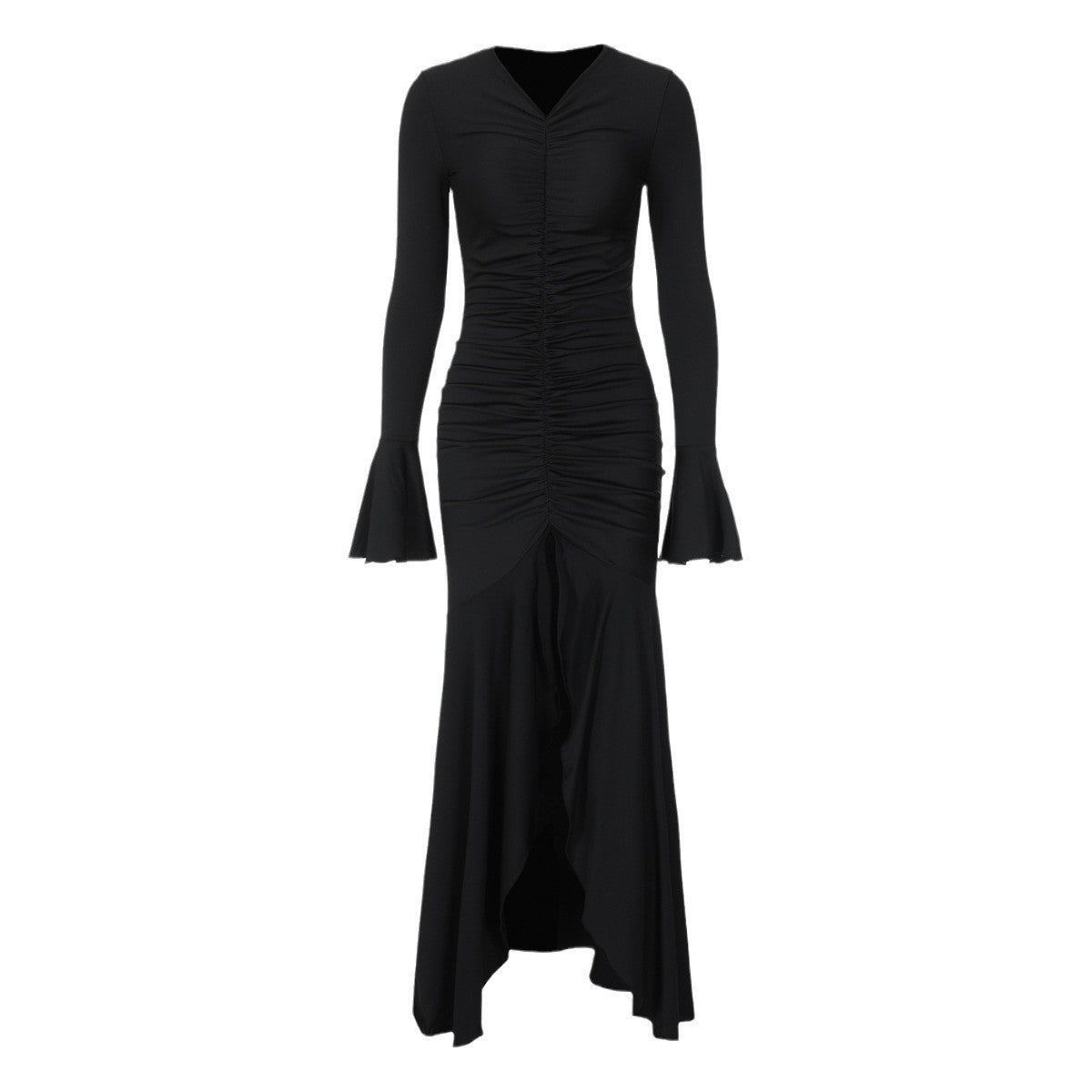 Damen elegantes Strickmaxikleid mit Rüschendetails und figurbetontem Schnitt Heidi-Mode