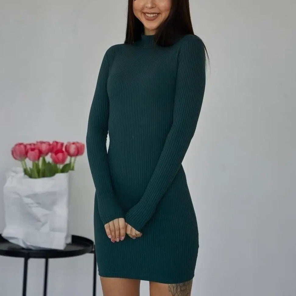Damen figurbetontes Strickkleid mit hohem Rollkragen und feiner Rippstruktur Heidi-Mode