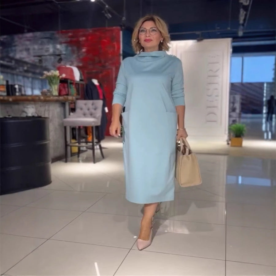 Damen Elegantes Midi-Kleid mit hochgeschlossenem Kragen und langen Ärmeln Heidi-Mode