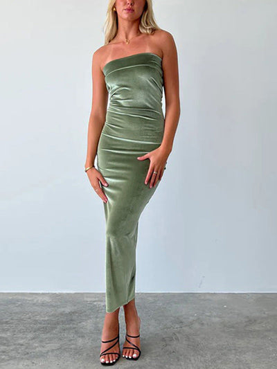 Damen figurbetontes Wickelkleid mit schulterfreiem Design und luxuriösem Samtfinish Heidi-Mode