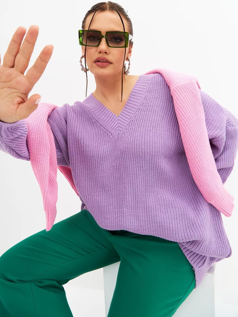 Damen lässiger Strickpullover mit V-Ausschnitt und übergroßen Ärmeln Heidi-Mode