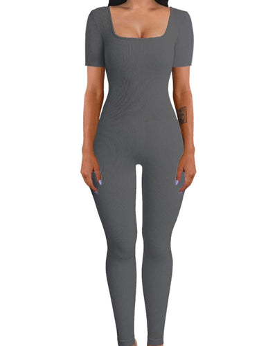 Damen figurbetontes Rippstrick-Jumpsuit mit quadratischem Ausschnitt Heidi-Mode
