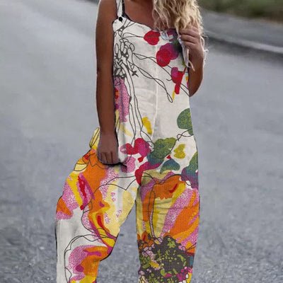 Damen luftiger Jumpsuit mit buntem Blumenmuster und verstellbaren Trägern Heidi-Mode