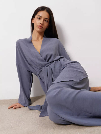 Damen eleganter Kimono-Style Morgenmantel mit stilvollem Gürtel und langen Ärmeln Heidi-Mode