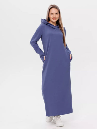 Damen kuscheliges Sweatkleid mit Kapuze und Eingrifftaschen Heidi-Mode