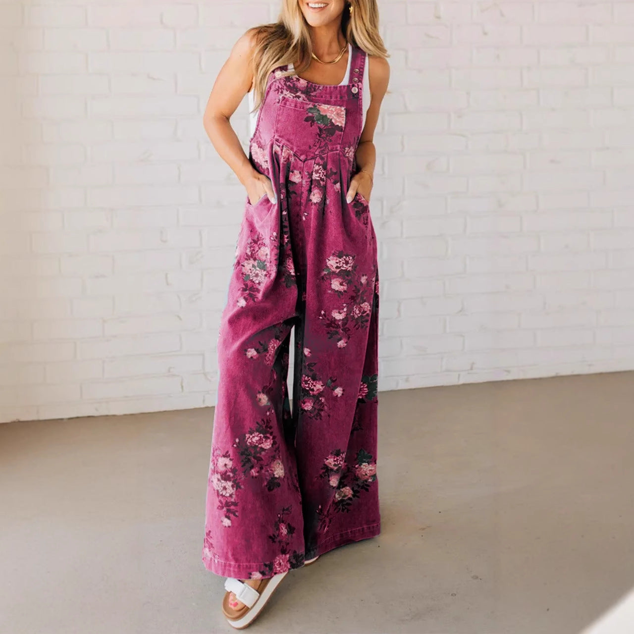 Damen Baumwoll-Overall mit floralem Druck und weiten Beinen Heidi-Mode