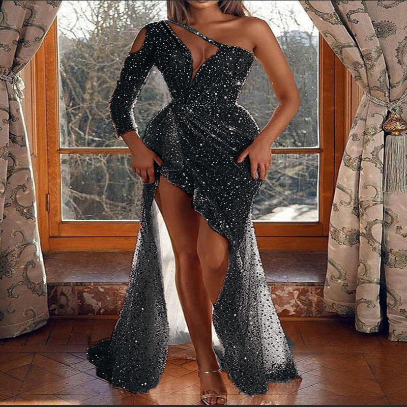 Damen Glamouröses Abendkleid mit tiefem V-Ausschnitt, asymmetrischem Schnitt und funkelnden Strasssteinen Heidi-Mode