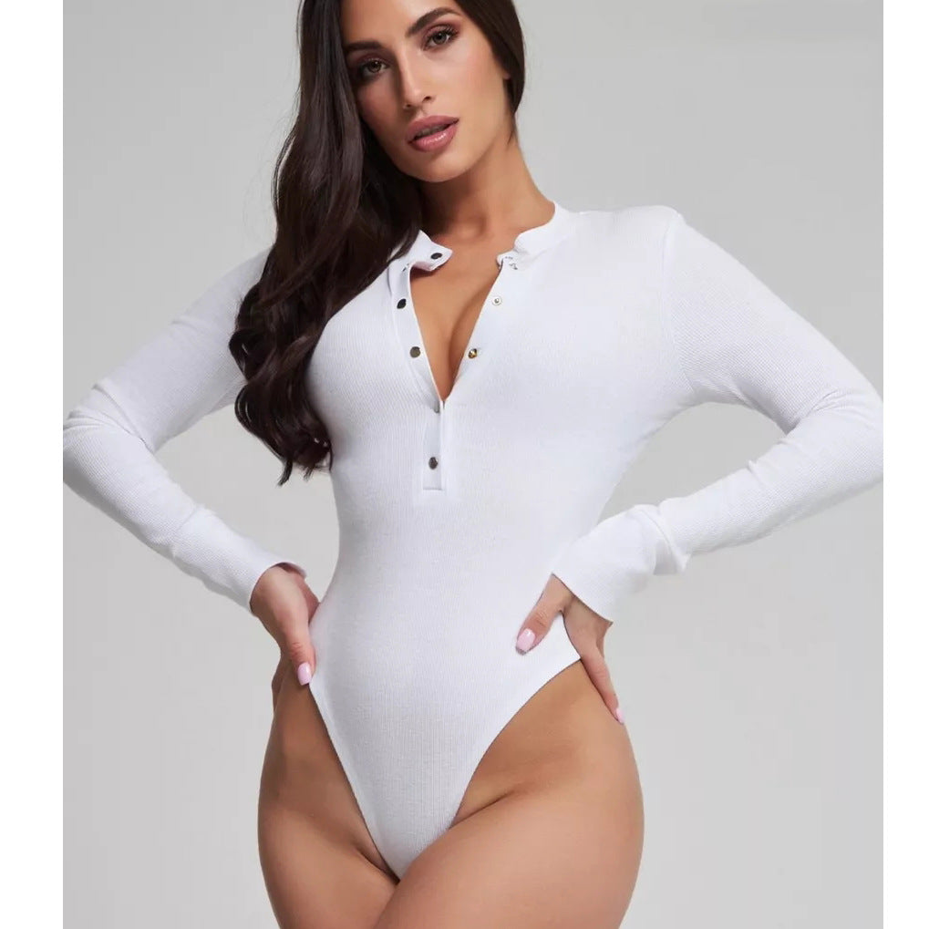 Damen langärmeliger Bodysuit mit Knopfdetails und tiefem Ausschnitt Heidi-Mode