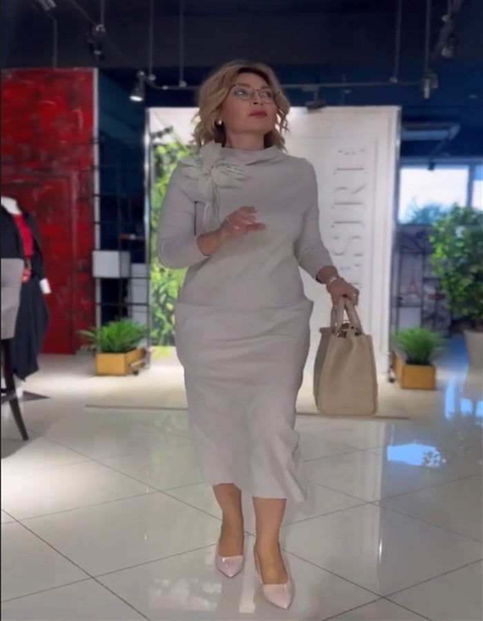 Damen Elegantes Midi-Kleid mit hochgeschlossenem Kragen und langen Ärmeln Heidi-Mode