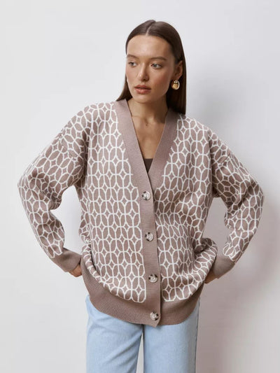Damen Strickcardigan mit modernem geometrischen Muster und bequemer Passform Heidi-Mode