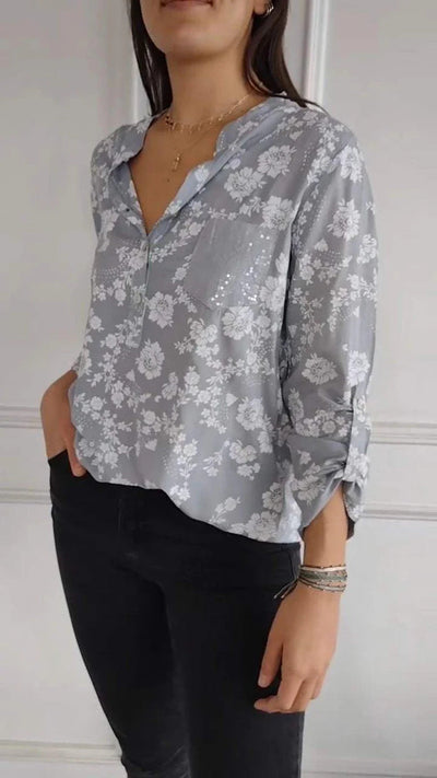 Damen Bluse mit floralem Design und funkelnden Pailletten Heidi-Mode