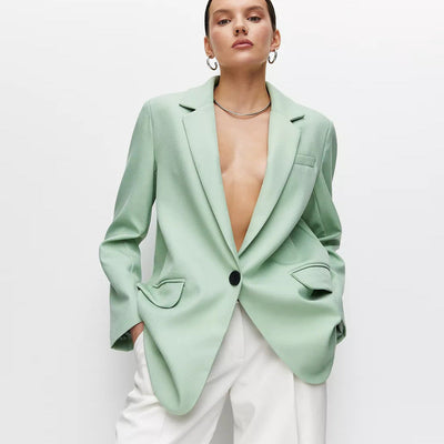 Damen eleganter Oversized Blazer mit feiner Textur und minimalistischer Knopfleiste Heidi-Mode